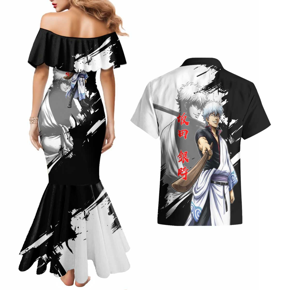 Gintoki Sakata Couples Matching Mermaid Dress and Hawaiian Shirt Classic Samurai Brushstroke Style