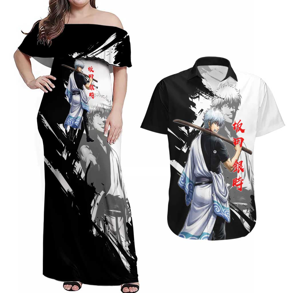 Gintoki Sakata Couples Matching Off Shoulder Maxi Dress and Hawaiian Shirt Classic Samurai Brushstroke Style