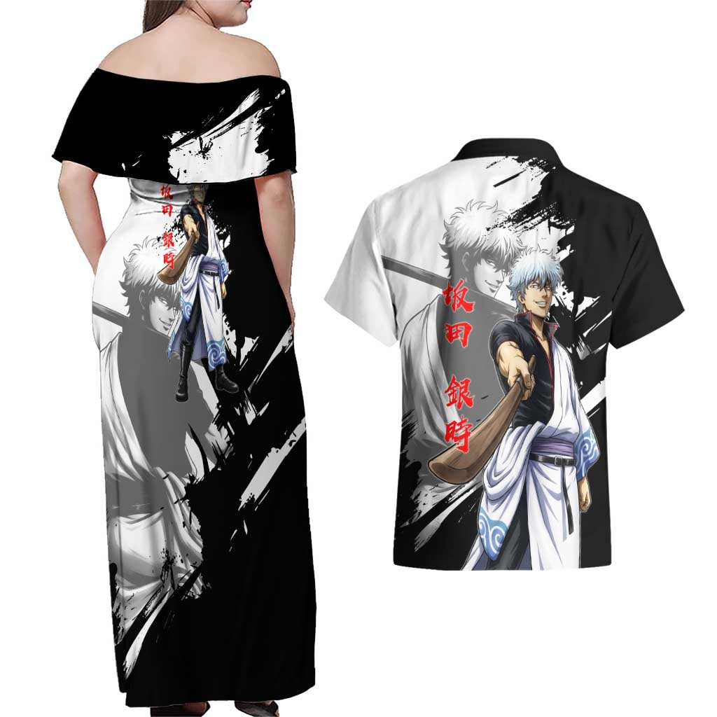 Gintoki Sakata Couples Matching Off Shoulder Maxi Dress and Hawaiian Shirt Classic Samurai Brushstroke Style