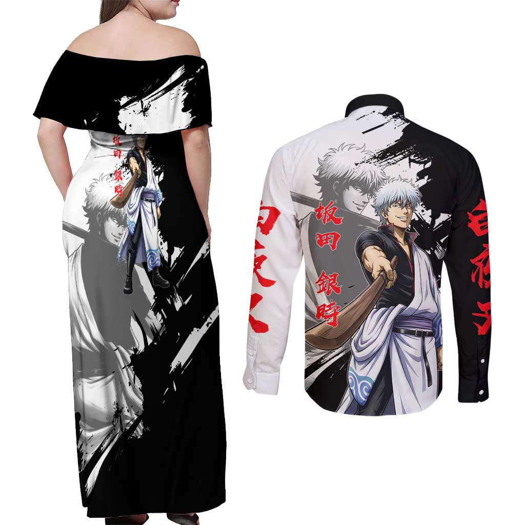 Gintoki Sakata Couples Matching Off Shoulder Maxi Dress and Long Sleeve Button Shirt Classic Samurai Brushstroke Style