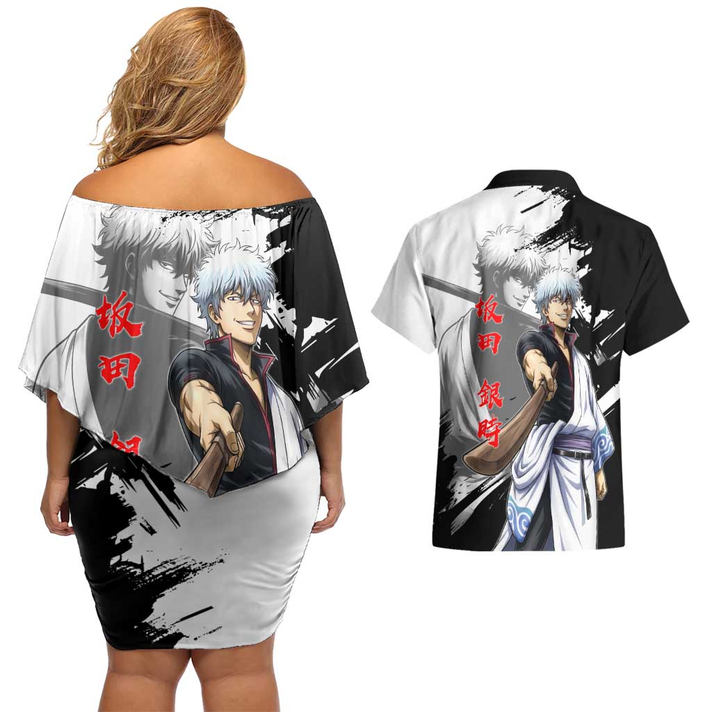 Gintoki Sakata Couples Matching Off Shoulder Short Dress and Hawaiian Shirt Classic Samurai Brushstroke Style