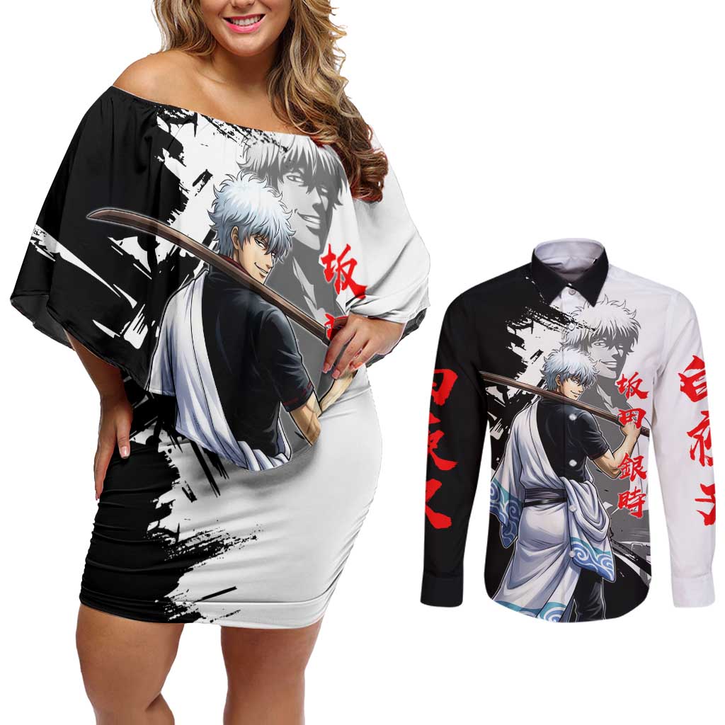 Gintoki Sakata Couples Matching Off Shoulder Short Dress and Long Sleeve Button Shirt Classic Samurai Brushstroke Style