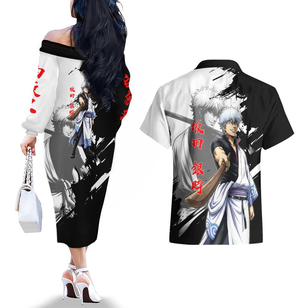 Gintoki Sakata Couples Matching Off The Shoulder Long Sleeve Dress and Hawaiian Shirt Classic Samurai Brushstroke Style
