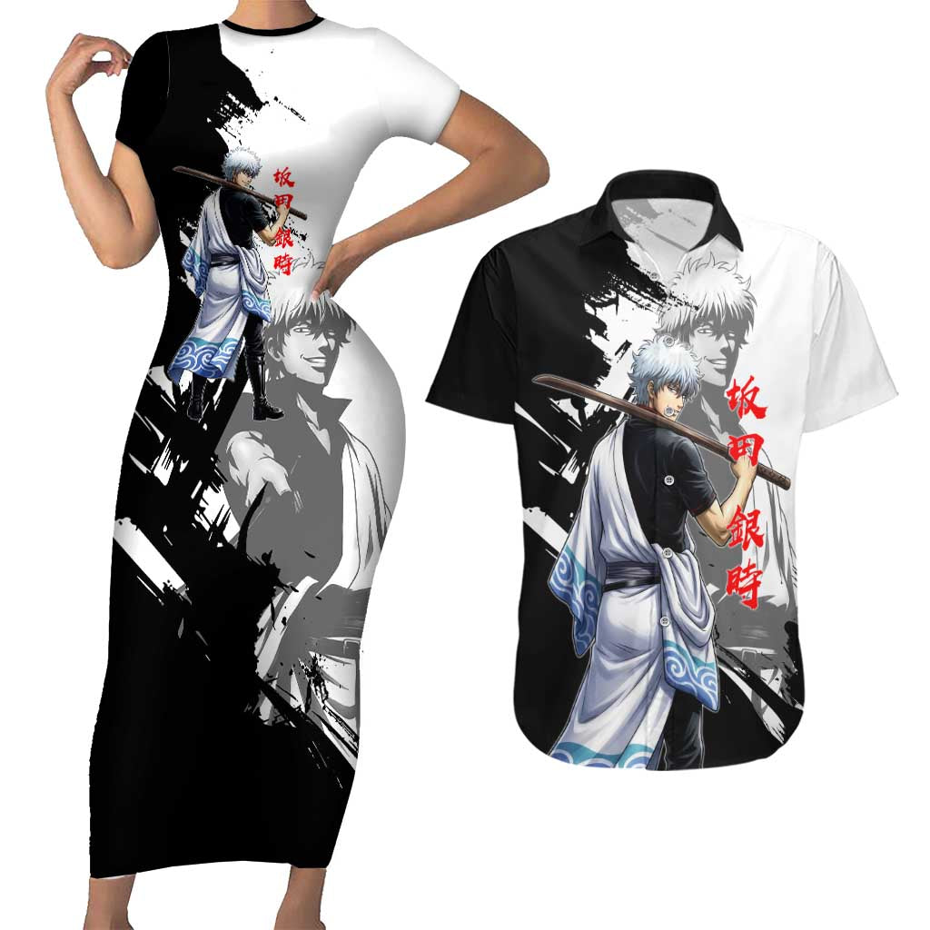 Gintoki Sakata Couples Matching Short Sleeve Bodycon Dress and Hawaiian Shirt Classic Samurai Brushstroke Style