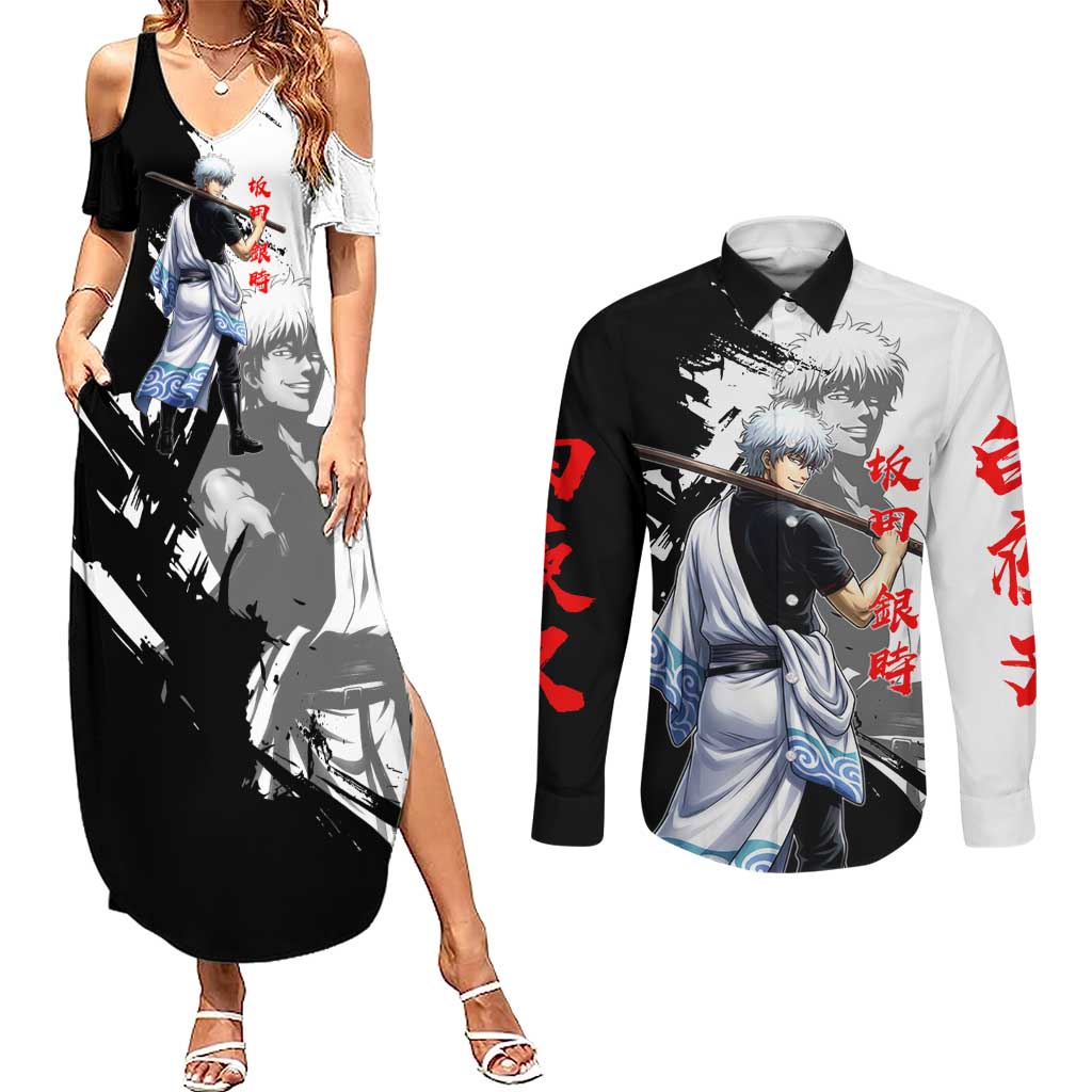 Gintoki Sakata Couples Matching Summer Maxi Dress and Long Sleeve Button Shirt Classic Samurai Brushstroke Style