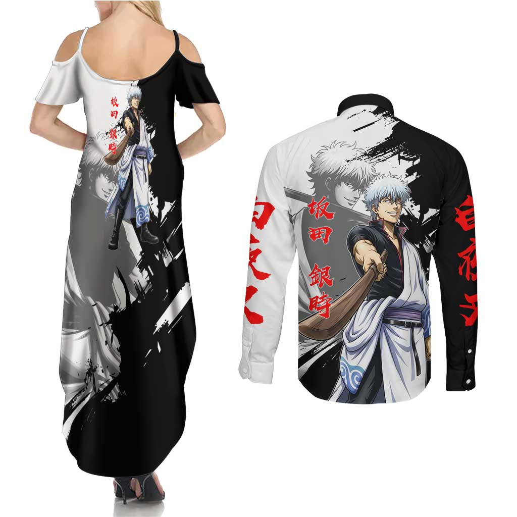 Gintoki Sakata Couples Matching Summer Maxi Dress and Long Sleeve Button Shirt Classic Samurai Brushstroke Style