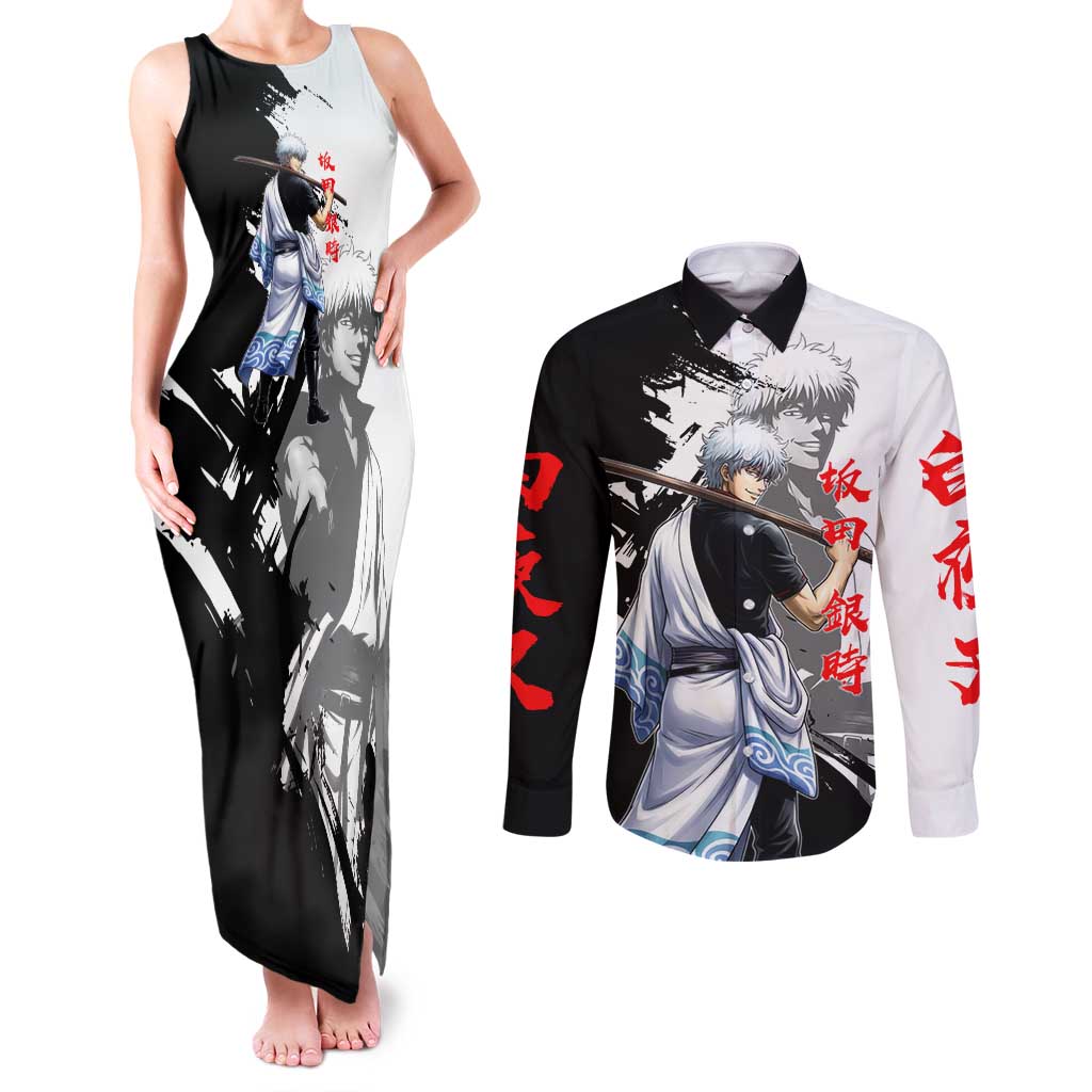 Gintoki Sakata Couples Matching Tank Maxi Dress and Long Sleeve Button Shirt Classic Samurai Brushstroke Style