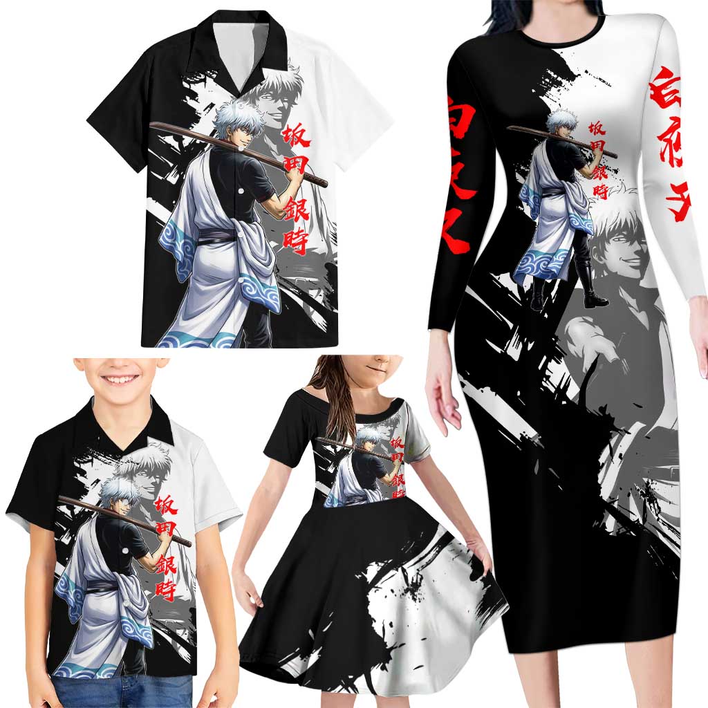 Gintoki Sakata Family Matching Long Sleeve Bodycon Dress and Hawaiian Shirt Classic Samurai Brushstroke Style