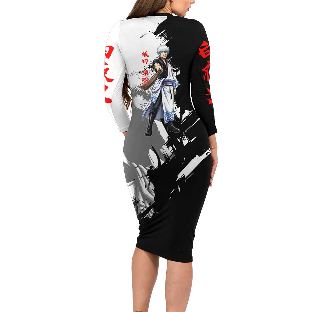 Gintoki Sakata Family Matching Long Sleeve Bodycon Dress and Hawaiian Shirt Classic Samurai Brushstroke Style