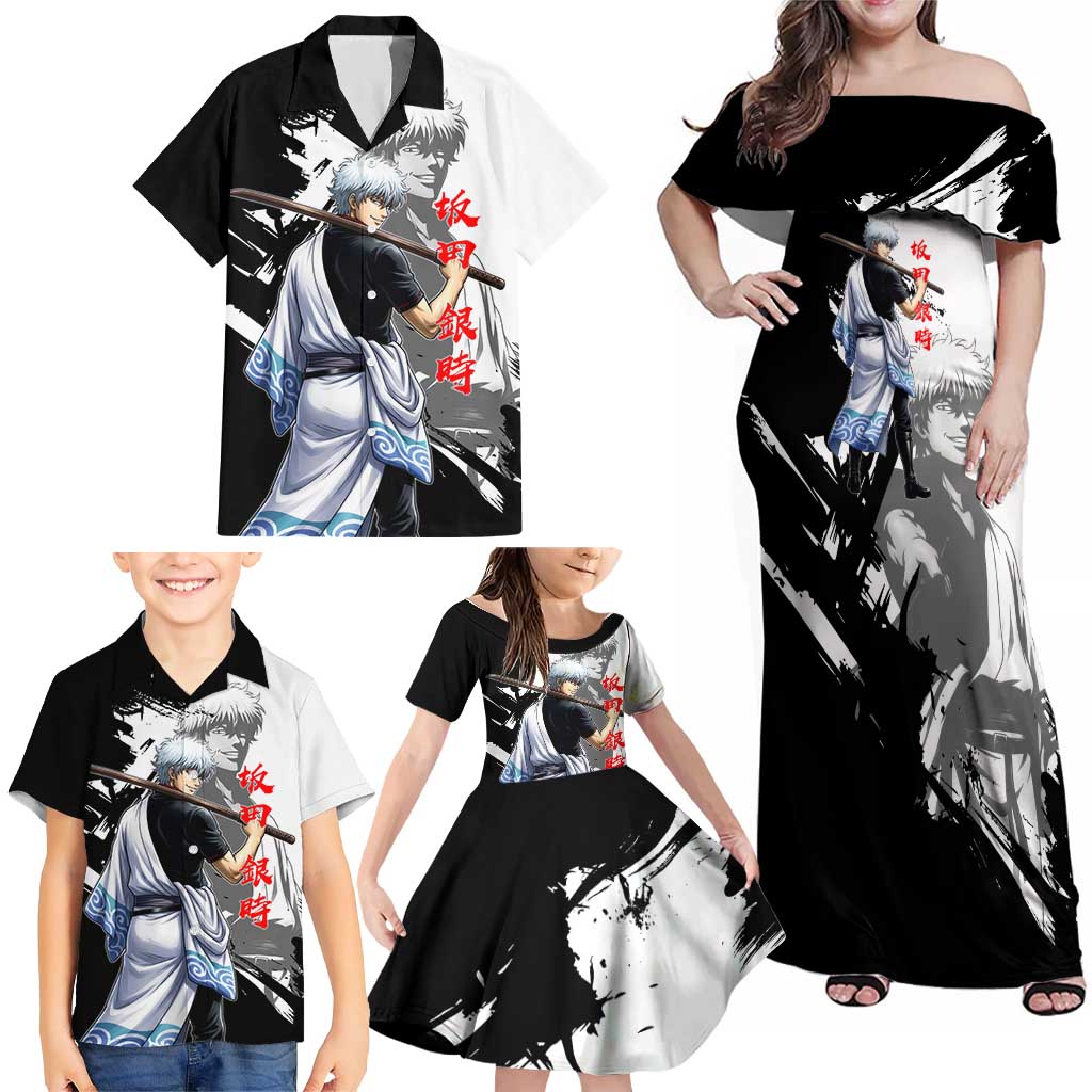 Gintoki Sakata Family Matching Off Shoulder Maxi Dress and Hawaiian Shirt Classic Samurai Brushstroke Style