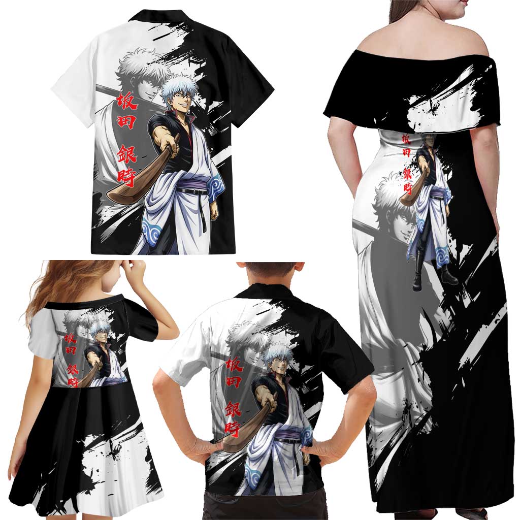 Gintoki Sakata Family Matching Off Shoulder Maxi Dress and Hawaiian Shirt Classic Samurai Brushstroke Style