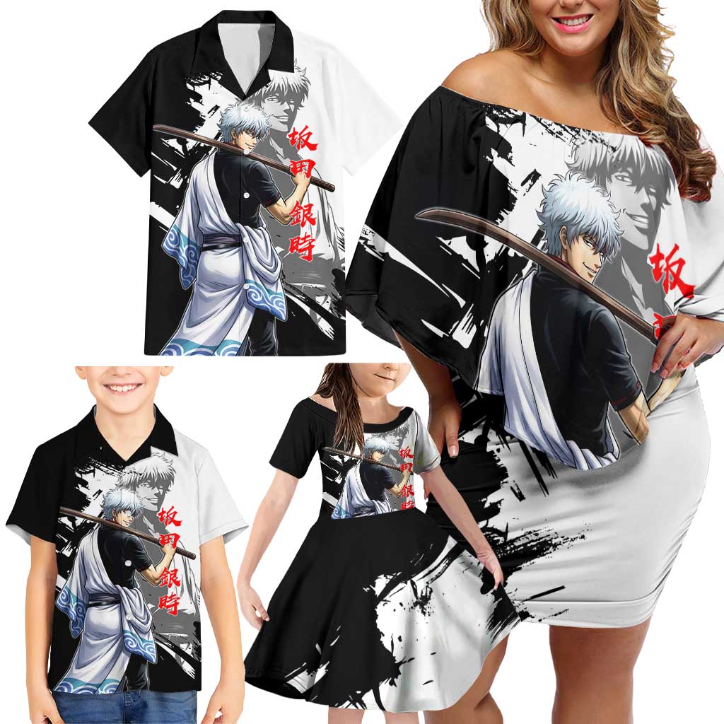 Gintoki Sakata Family Matching Off Shoulder Short Dress and Hawaiian Shirt Classic Samurai Brushstroke Style