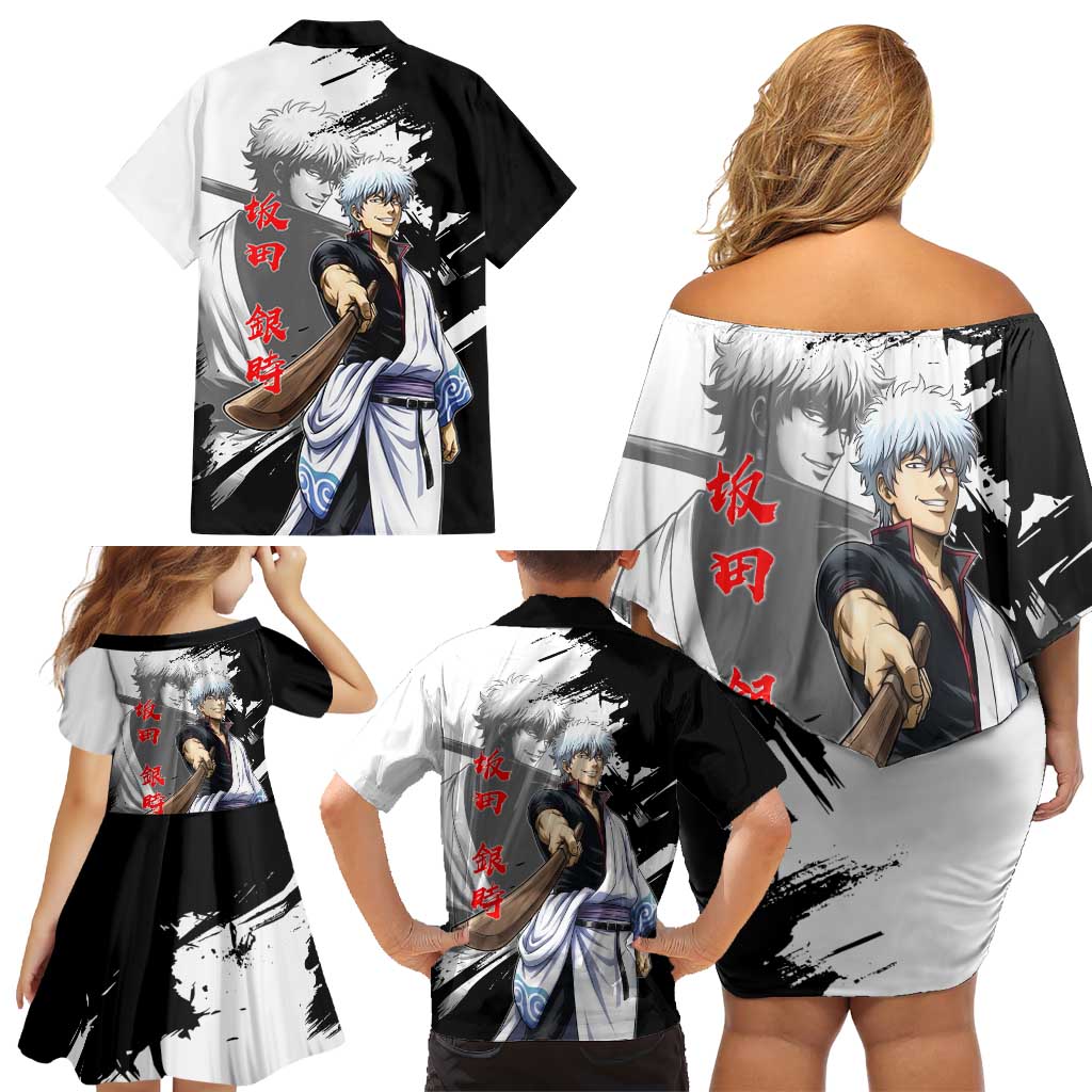 Gintoki Sakata Family Matching Off Shoulder Short Dress and Hawaiian Shirt Classic Samurai Brushstroke Style