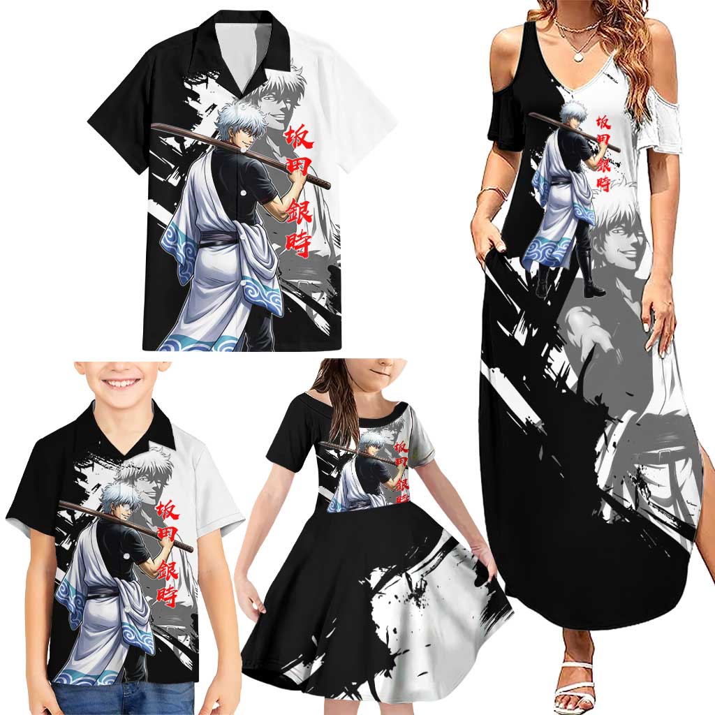 Gintoki Sakata Family Matching Summer Maxi Dress and Hawaiian Shirt Classic Samurai Brushstroke Style