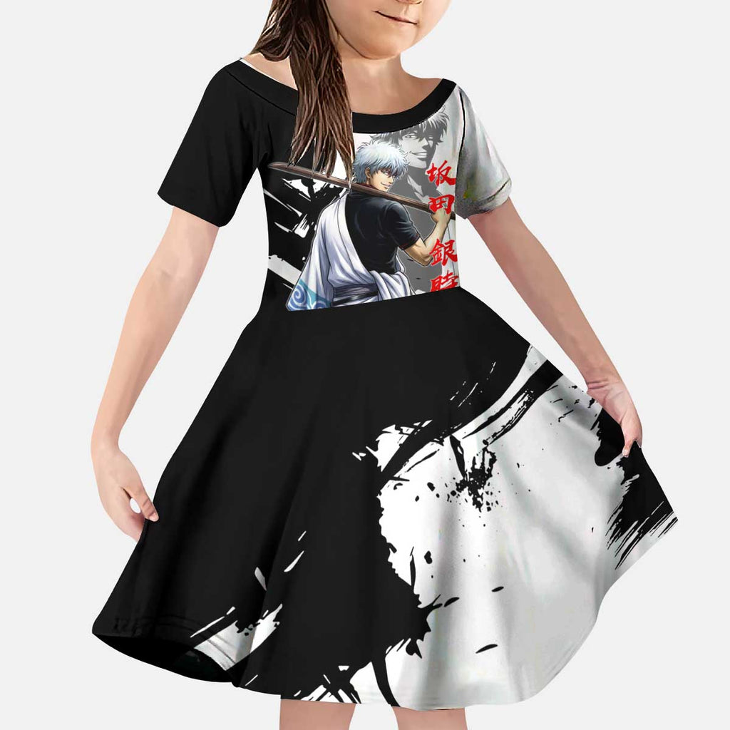 Gintoki Sakata Kid Short Sleeve Dress Classic Samurai Brushstroke Style