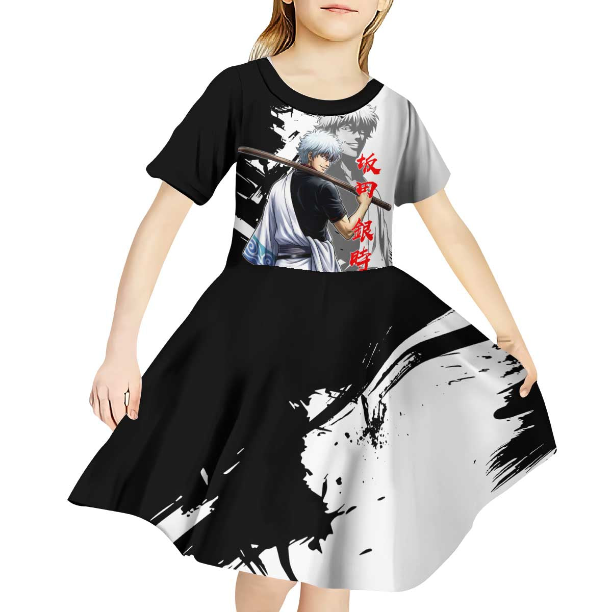 Gintoki Sakata Kid Short Sleeve Dress Classic Samurai Brushstroke Style