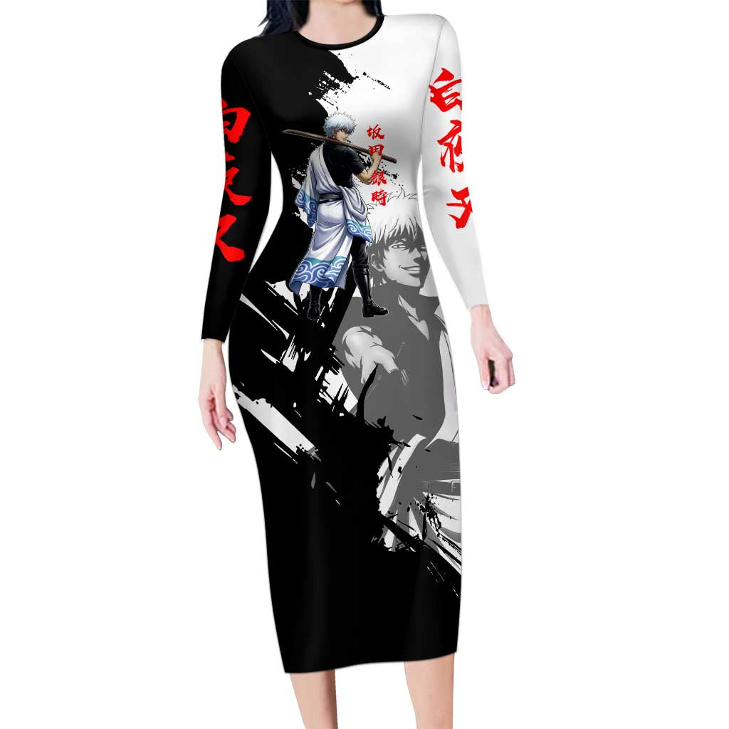 Gintoki Sakata Long Sleeve Bodycon Dress Classic Samurai Brushstroke Style