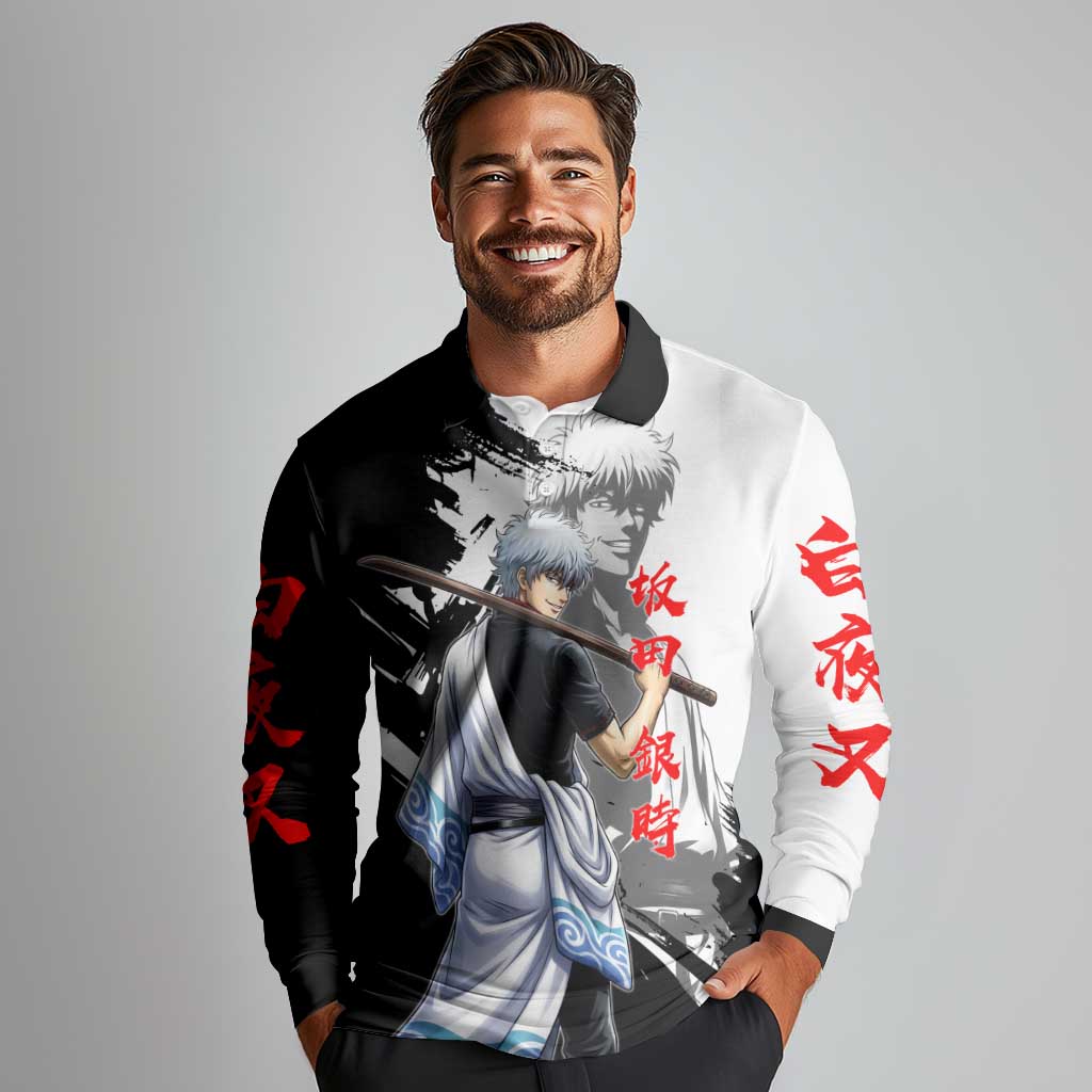 Gintoki Sakata Long Sleeve Polo Shirt Classic Samurai Brushstroke Style