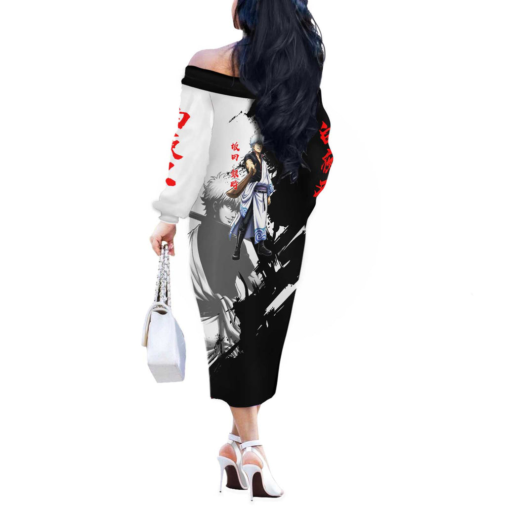 Gintoki Sakata Off The Shoulder Long Sleeve Dress Classic Samurai Brushstroke Style