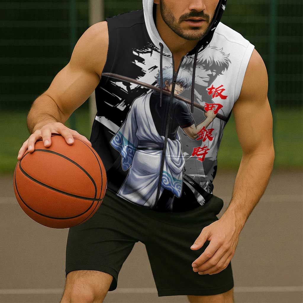 Gintoki Sakata Sleeveless Zip Hoodie Classic Samurai Brushstroke Style