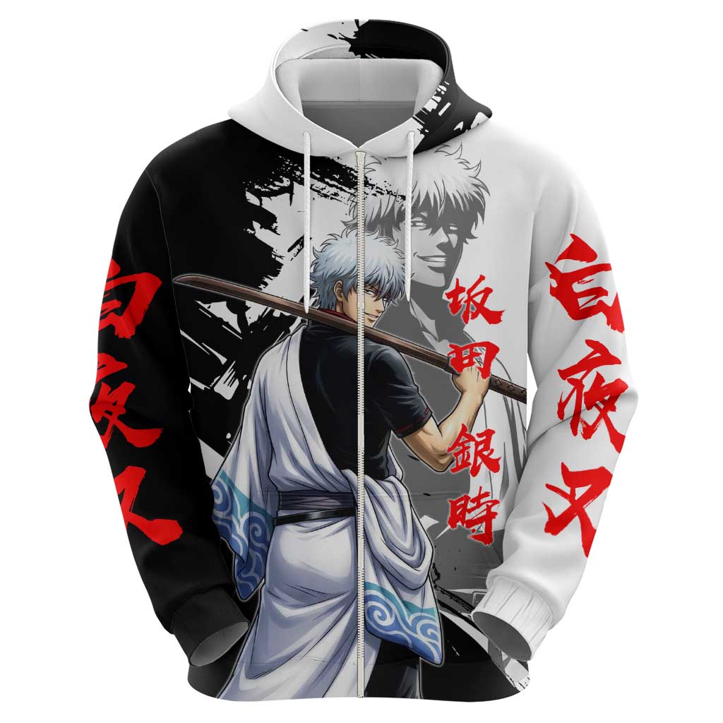 Gintoki Sakata Zip Hoodie Classic Samurai Brushstroke Style