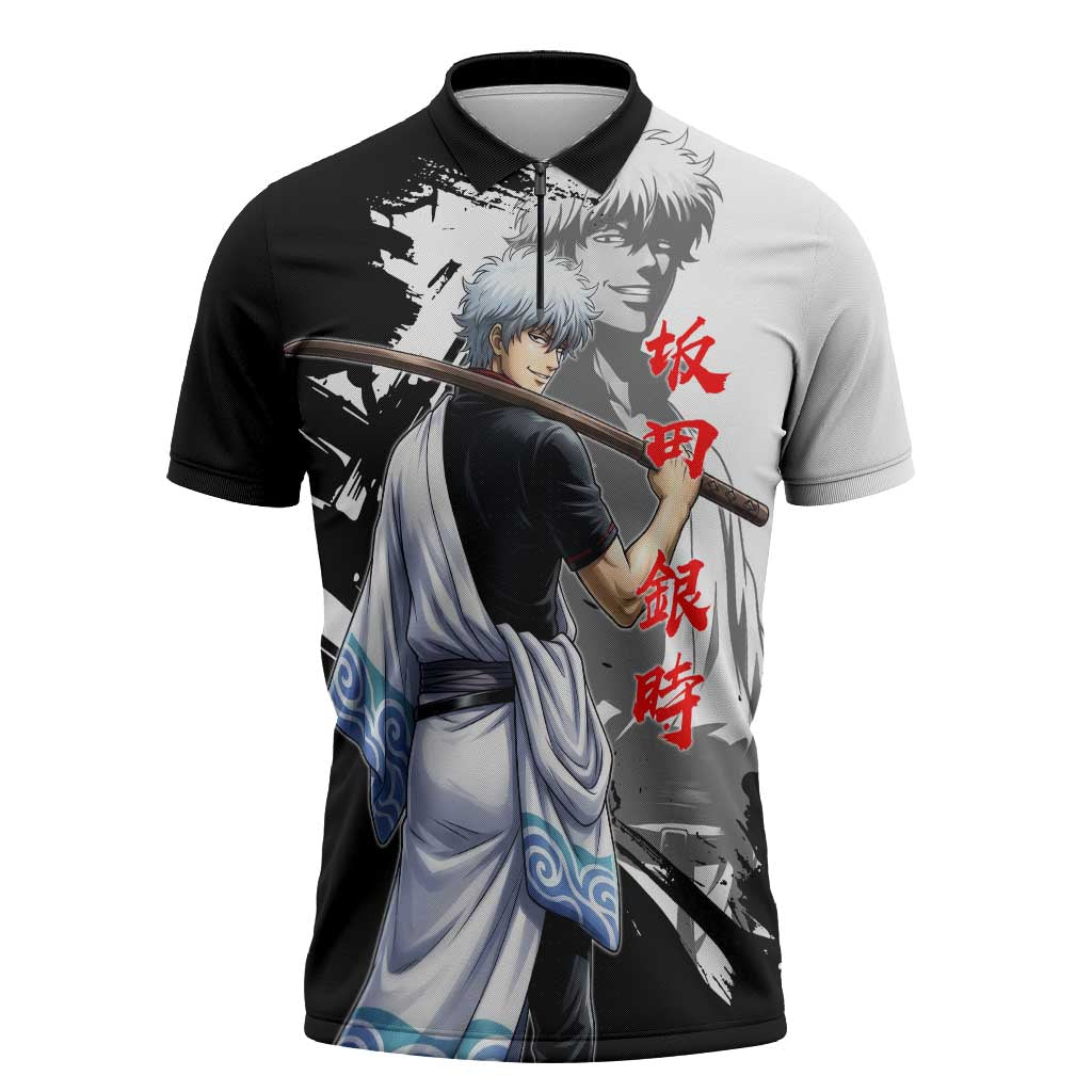 Gintoki Sakata Zipper Polo Shirt Classic Samurai Brushstroke Style