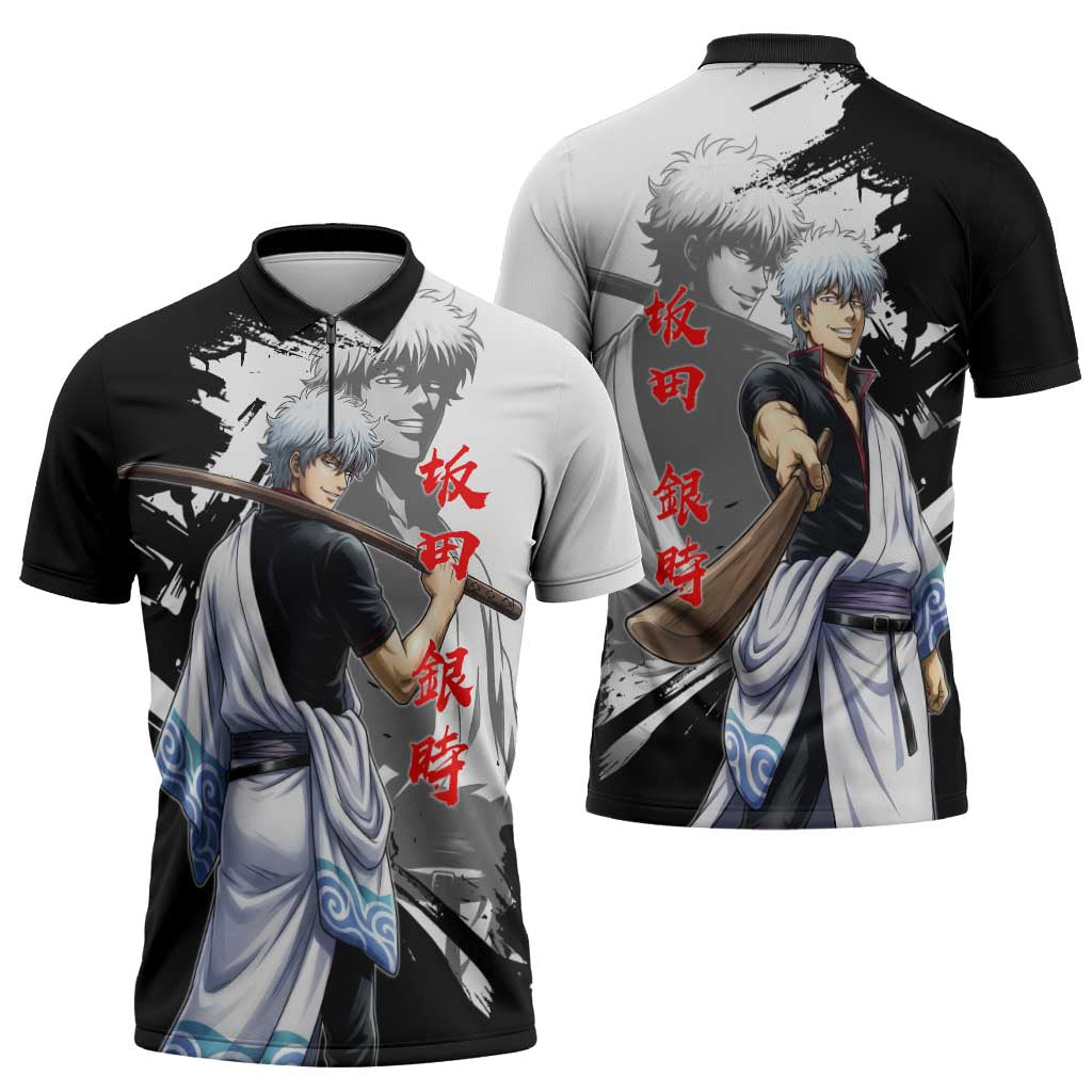 Gintoki Sakata Zipper Polo Shirt Classic Samurai Brushstroke Style