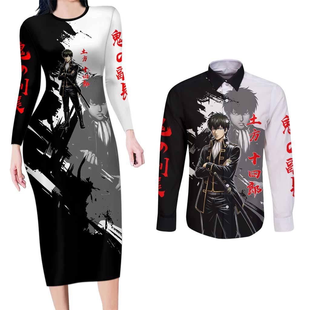 Toshiro Hijikata Couples Matching Long Sleeve Bodycon Dress and Long Sleeve Button Shirt Dark Shinsengumi Ink Style
