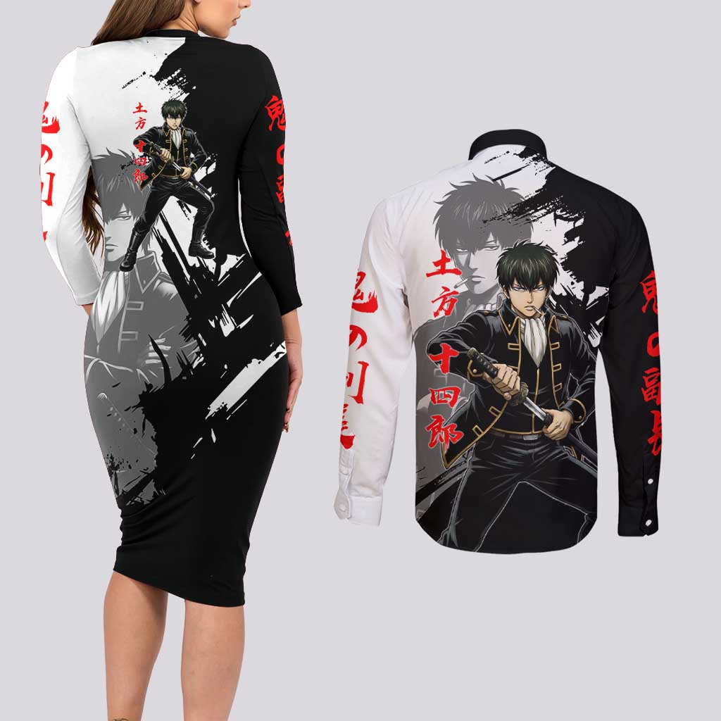 Toshiro Hijikata Couples Matching Long Sleeve Bodycon Dress and Long Sleeve Button Shirt Dark Shinsengumi Ink Style