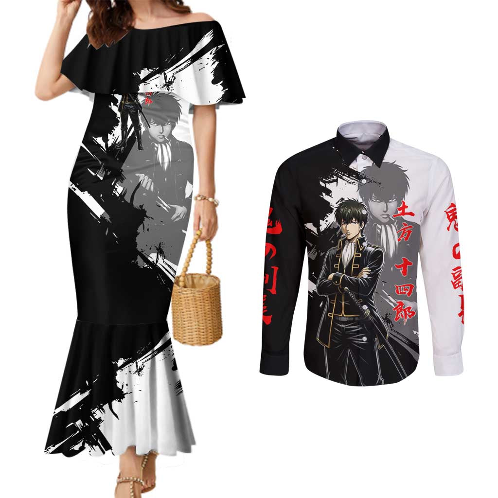 Toshiro Hijikata Couples Matching Mermaid Dress and Long Sleeve Button Shirt Dark Shinsengumi Ink Style