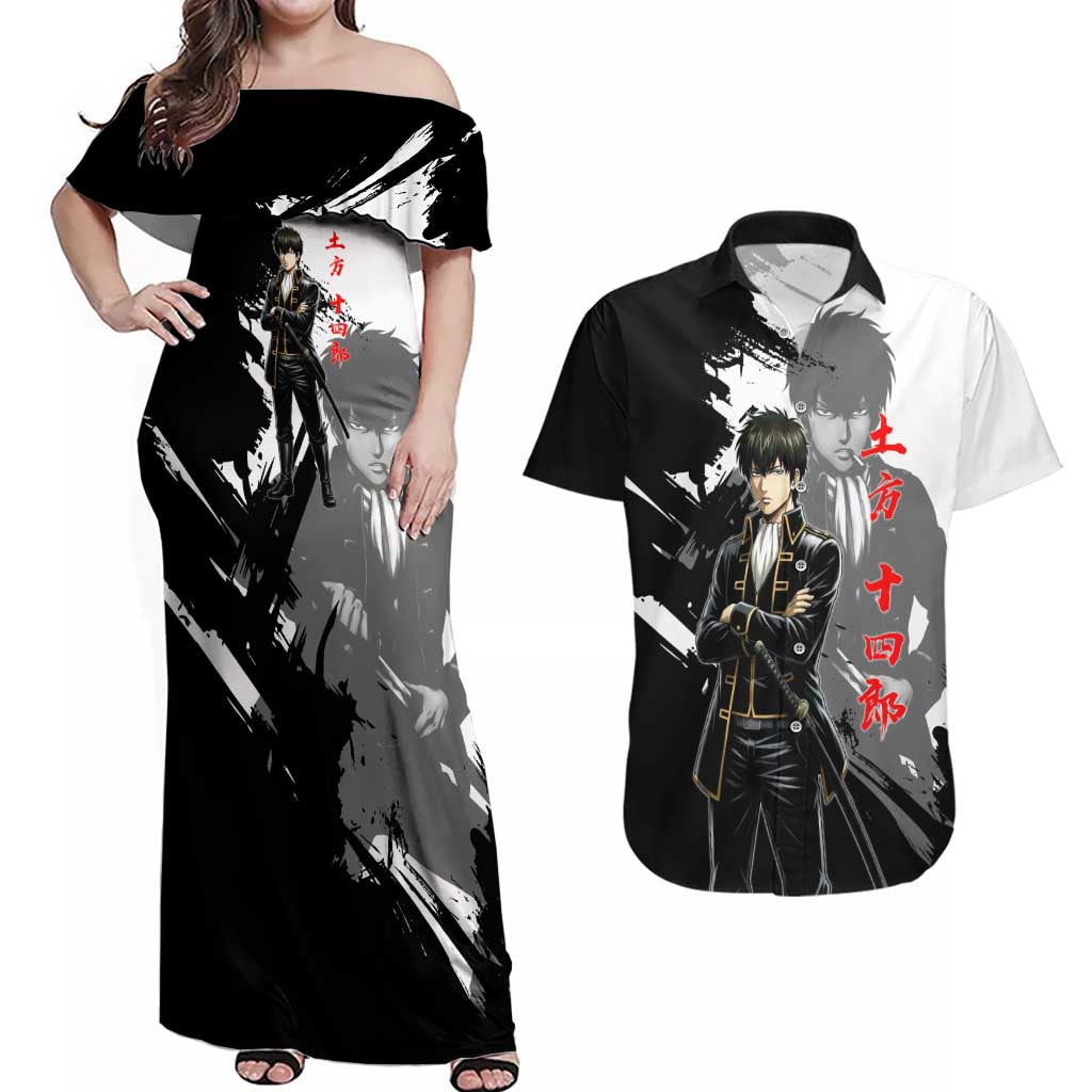 Toshiro Hijikata Couples Matching Off Shoulder Maxi Dress and Hawaiian Shirt Dark Shinsengumi Ink Style