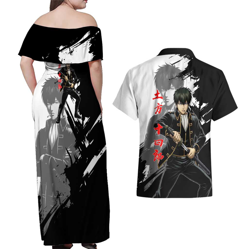 Toshiro Hijikata Couples Matching Off Shoulder Maxi Dress and Hawaiian Shirt Dark Shinsengumi Ink Style