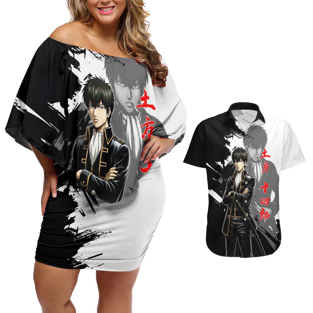 Toshiro Hijikata Couples Matching Off Shoulder Short Dress and Hawaiian Shirt Dark Shinsengumi Ink Style