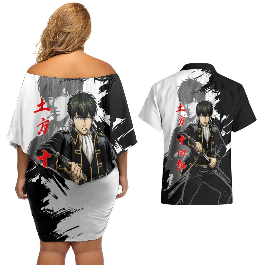 Toshiro Hijikata Couples Matching Off Shoulder Short Dress and Hawaiian Shirt Dark Shinsengumi Ink Style