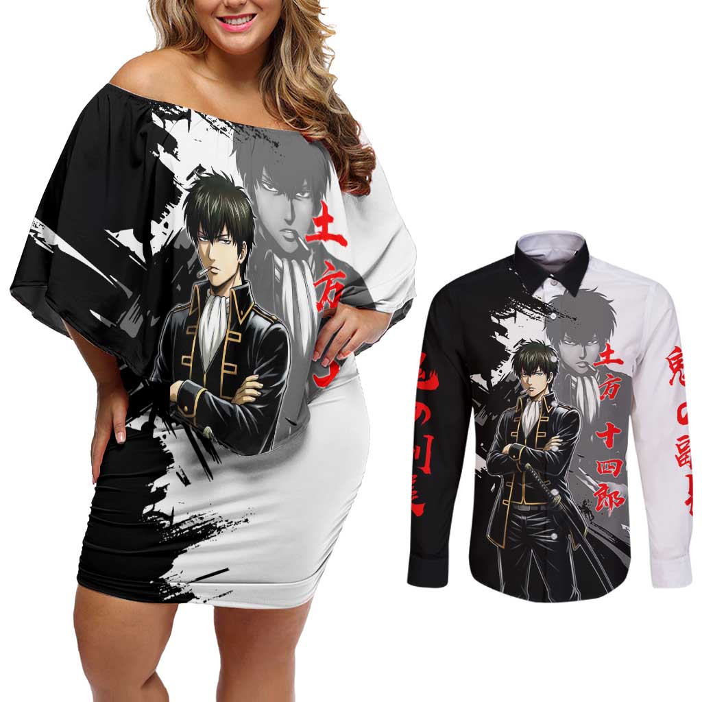 Toshiro Hijikata Couples Matching Off Shoulder Short Dress and Long Sleeve Button Shirt Dark Shinsengumi Ink Style