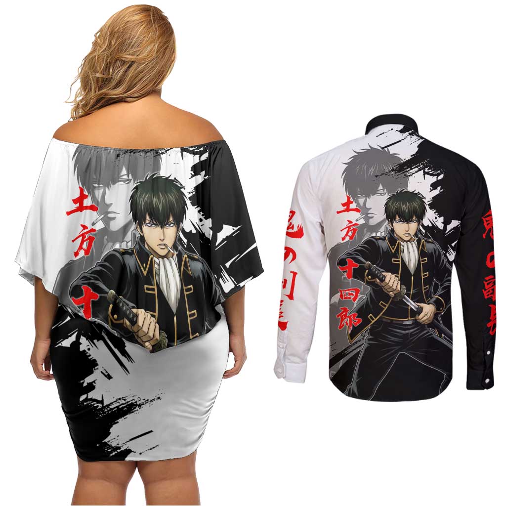 Toshiro Hijikata Couples Matching Off Shoulder Short Dress and Long Sleeve Button Shirt Dark Shinsengumi Ink Style