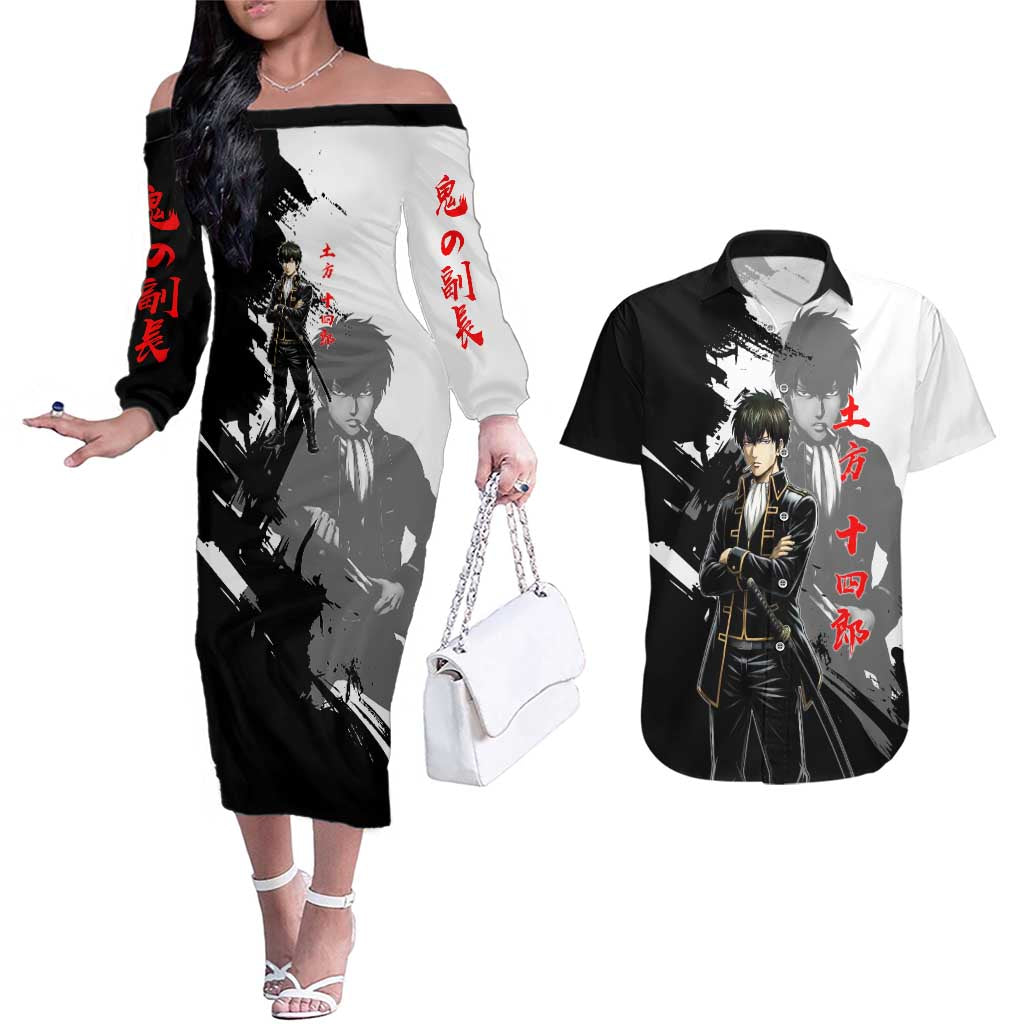 Toshiro Hijikata Couples Matching Off The Shoulder Long Sleeve Dress and Hawaiian Shirt Dark Shinsengumi Ink Style