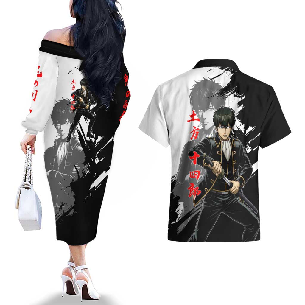 Toshiro Hijikata Couples Matching Off The Shoulder Long Sleeve Dress and Hawaiian Shirt Dark Shinsengumi Ink Style