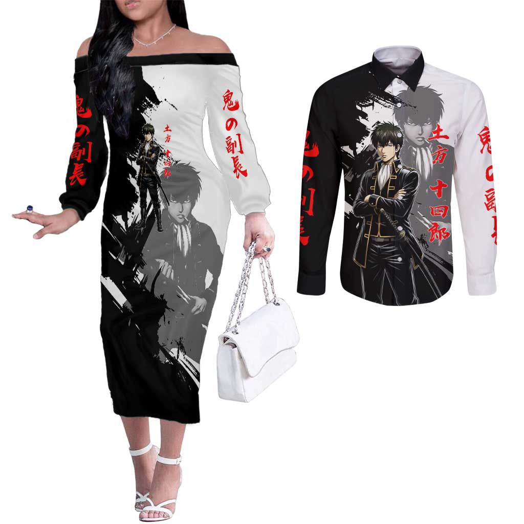 Toshiro Hijikata Couples Matching Off The Shoulder Long Sleeve Dress and Long Sleeve Button Shirt Dark Shinsengumi Ink Style