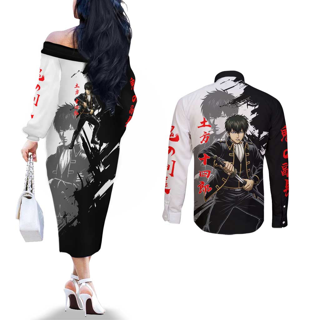 Toshiro Hijikata Couples Matching Off The Shoulder Long Sleeve Dress and Long Sleeve Button Shirt Dark Shinsengumi Ink Style