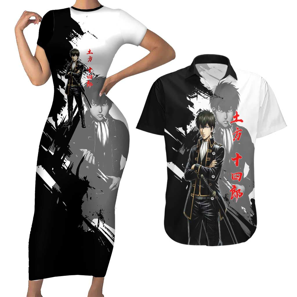 Toshiro Hijikata Couples Matching Short Sleeve Bodycon Dress and Hawaiian Shirt Dark Shinsengumi Ink Style