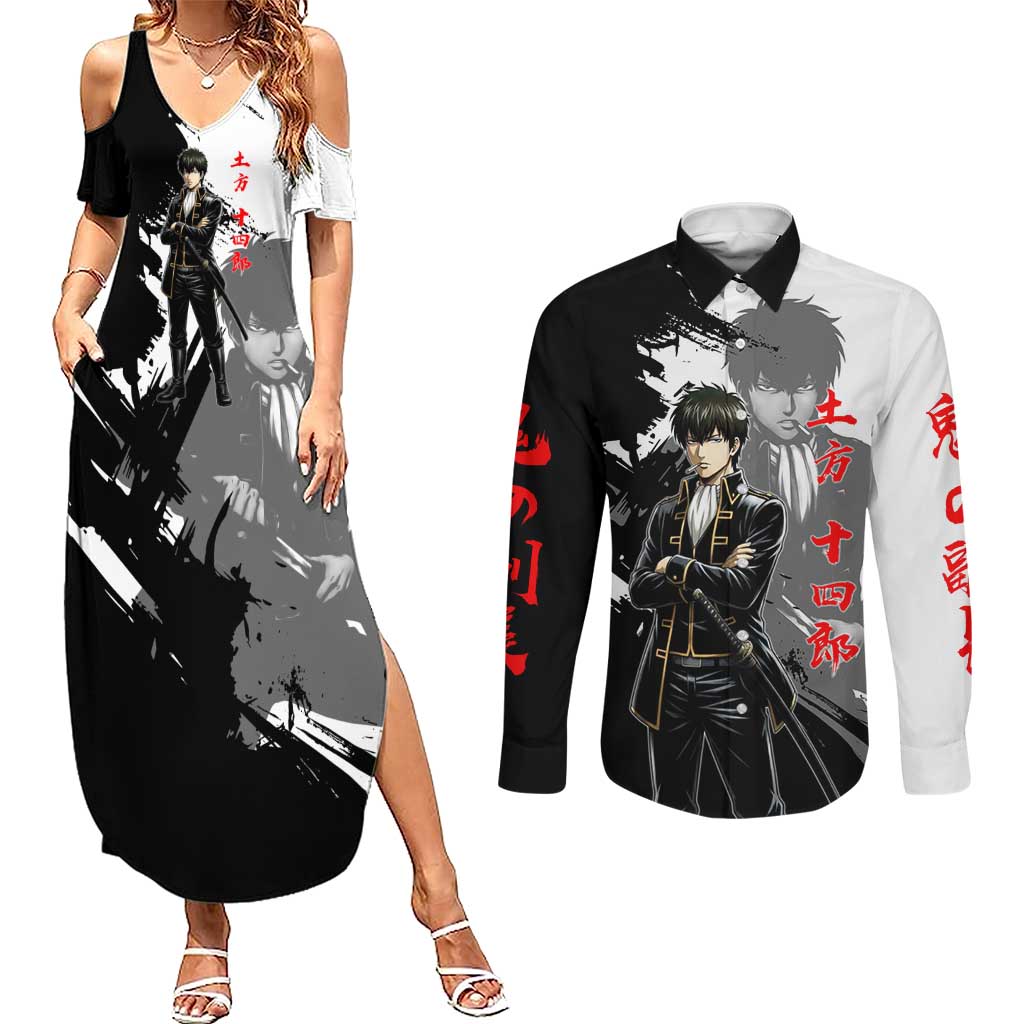 Toshiro Hijikata Couples Matching Summer Maxi Dress and Long Sleeve Button Shirt Dark Shinsengumi Ink Style