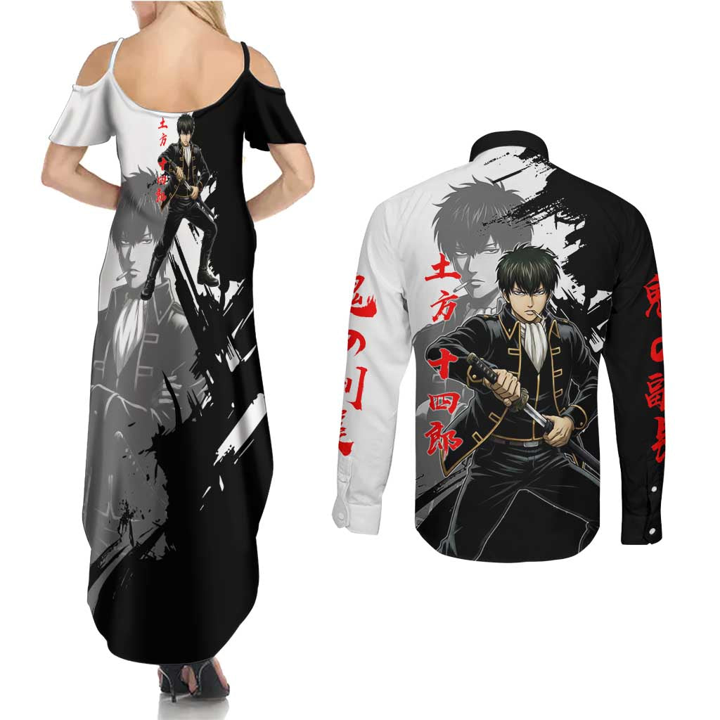 Toshiro Hijikata Couples Matching Summer Maxi Dress and Long Sleeve Button Shirt Dark Shinsengumi Ink Style