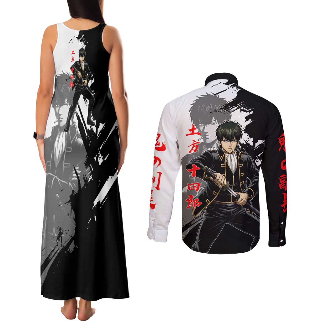 Toshiro Hijikata Couples Matching Tank Maxi Dress and Long Sleeve Button Shirt Dark Shinsengumi Ink Style