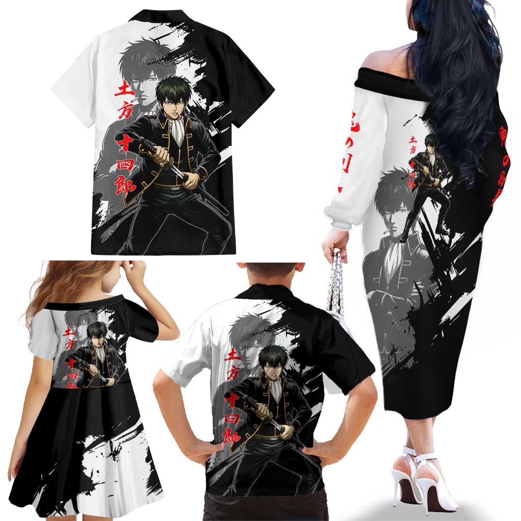 Toshiro Hijikata Family Matching Off The Shoulder Long Sleeve Dress and Hawaiian Shirt Dark Shinsengumi Ink Style