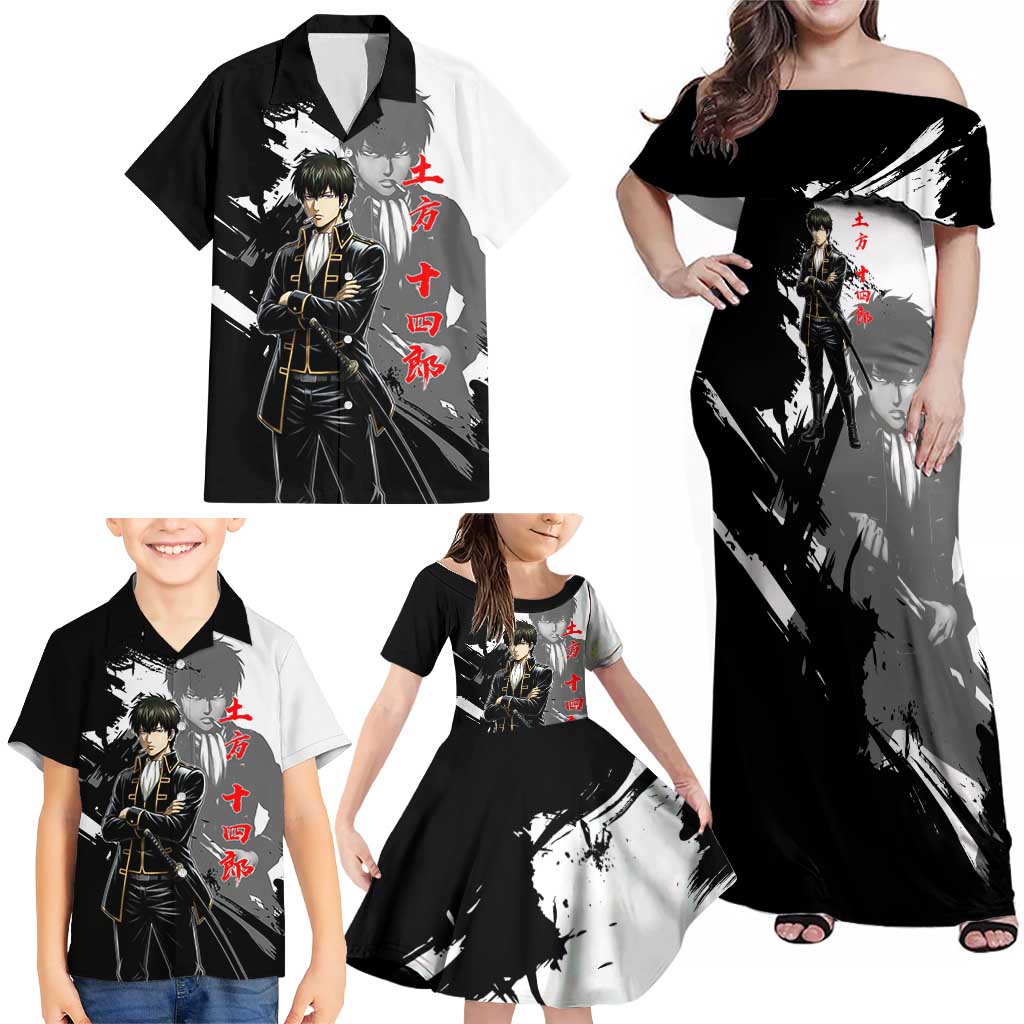 Toshiro Hijikata Family Matching Off Shoulder Maxi Dress and Hawaiian Shirt Dark Shinsengumi Ink Style