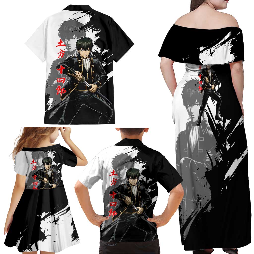 Toshiro Hijikata Family Matching Off Shoulder Maxi Dress and Hawaiian Shirt Dark Shinsengumi Ink Style
