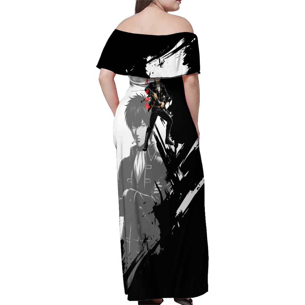 Toshiro Hijikata Family Matching Off Shoulder Maxi Dress and Hawaiian Shirt Dark Shinsengumi Ink Style