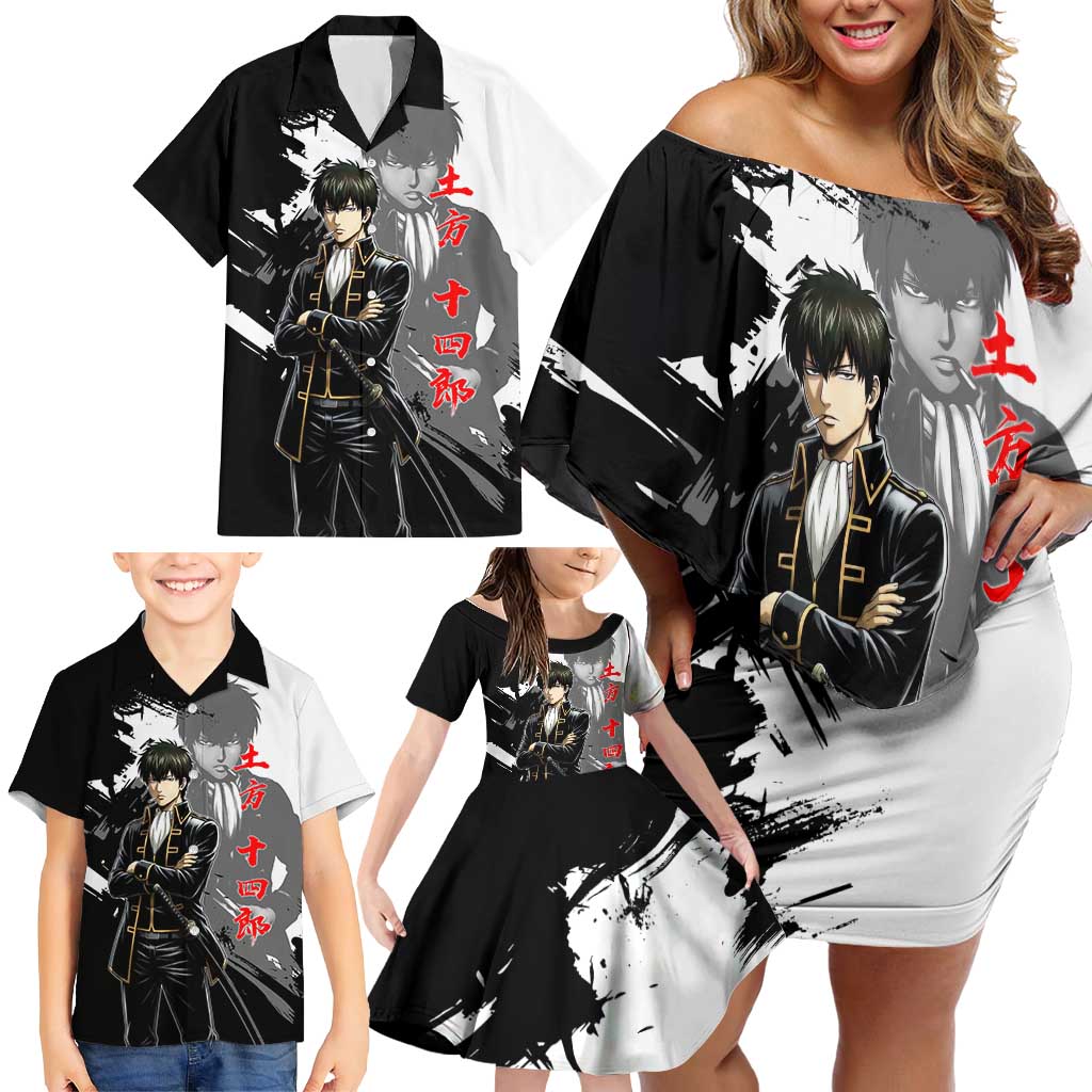 Toshiro Hijikata Family Matching Off Shoulder Short Dress and Hawaiian Shirt Dark Shinsengumi Ink Style