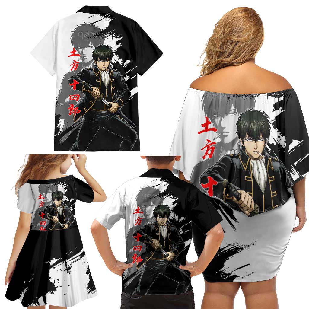 Toshiro Hijikata Family Matching Off Shoulder Short Dress and Hawaiian Shirt Dark Shinsengumi Ink Style
